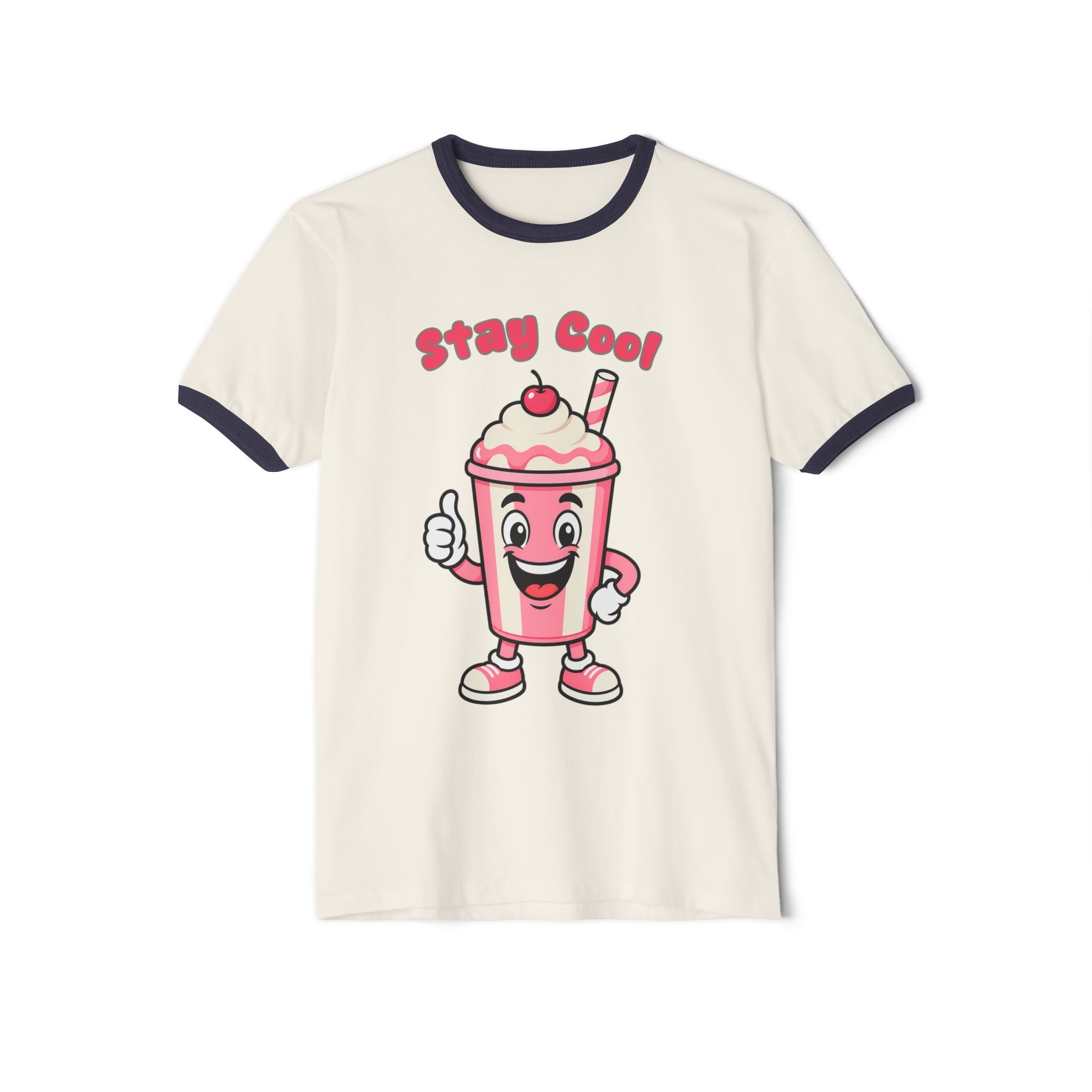 T-shirt with a cartoon milkshake character and 'Stay Cool!' text on a white background