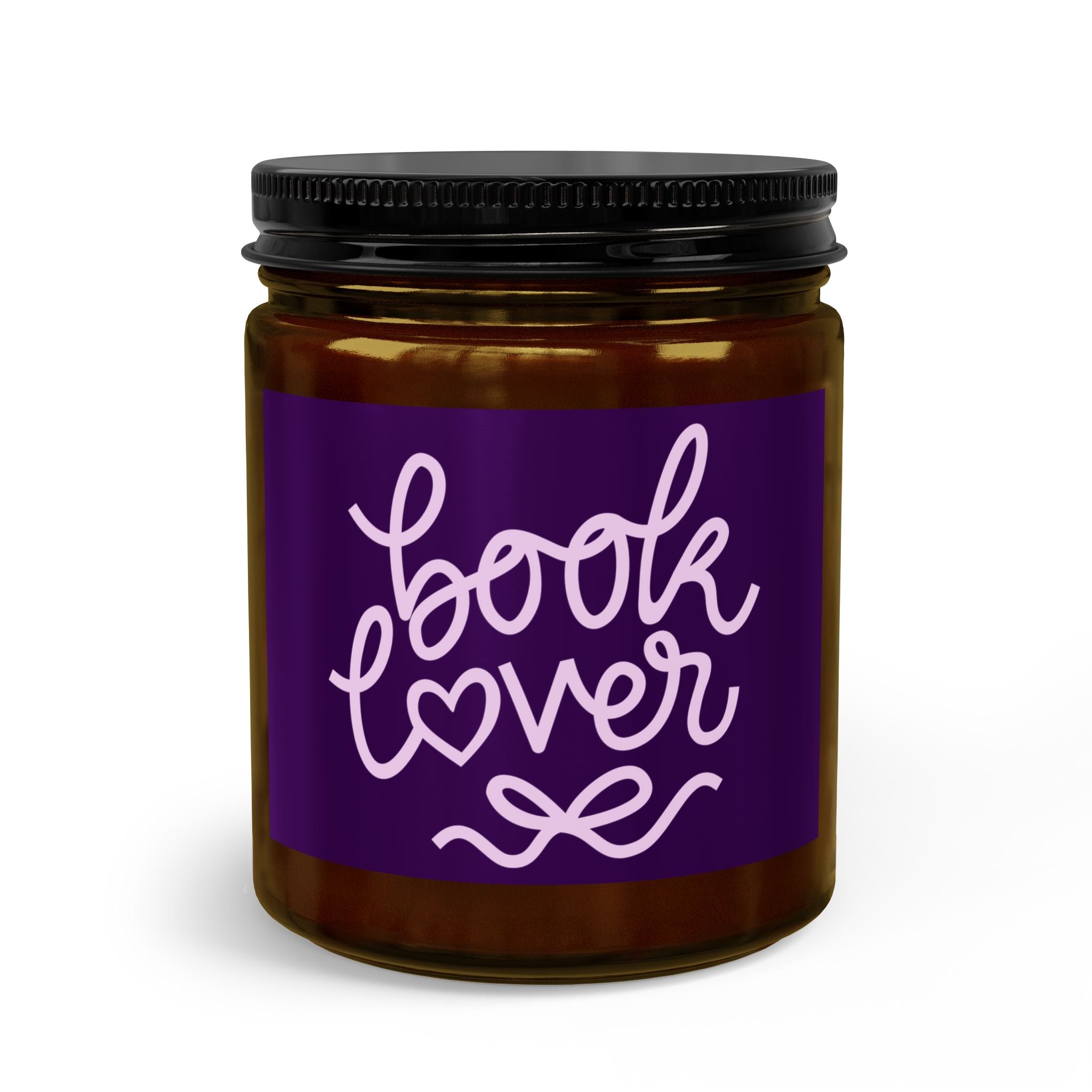 Jar with a purple label that says 'book lover' on a white background