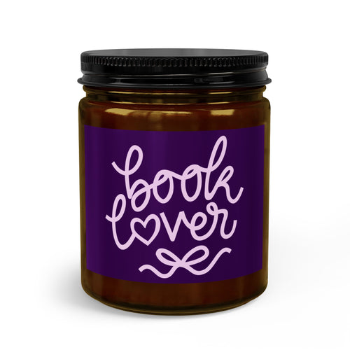 Jar with a purple label that says 'book lover' on a white background