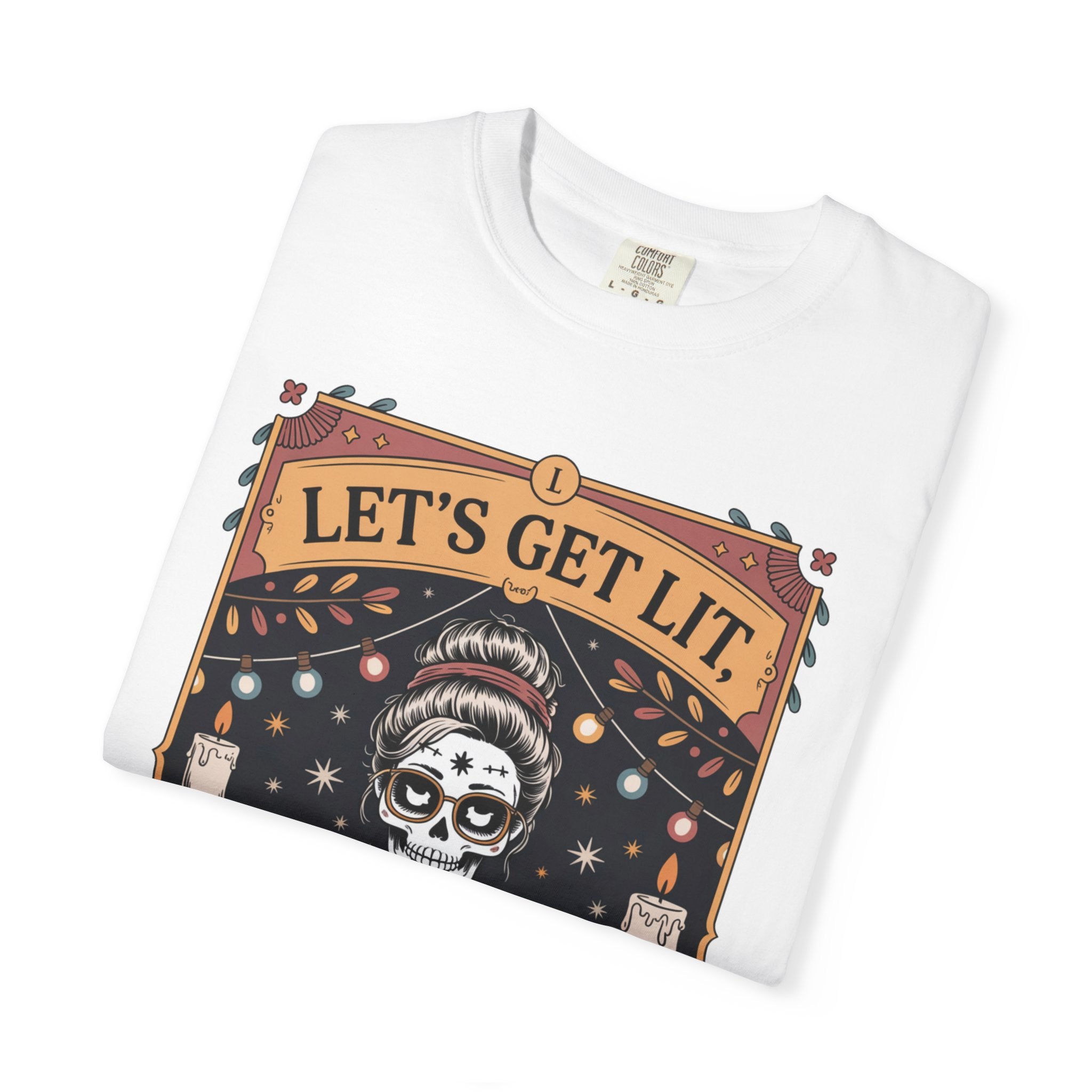 White t-shirt with a graphic design featuring a skull and text 'Let's Get Lit' on a white background