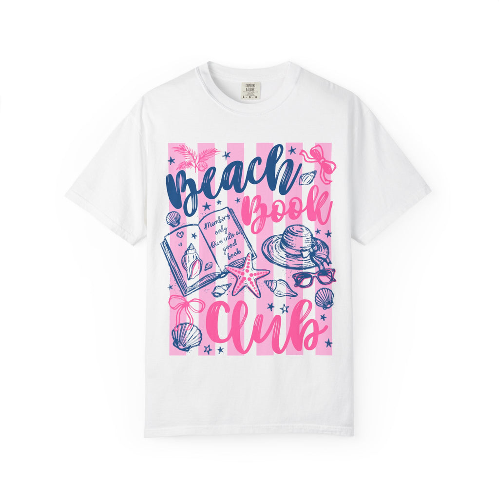 White t-shirt with 'Beach Book Club' design featuring a book, hat, and starfish on a white background.