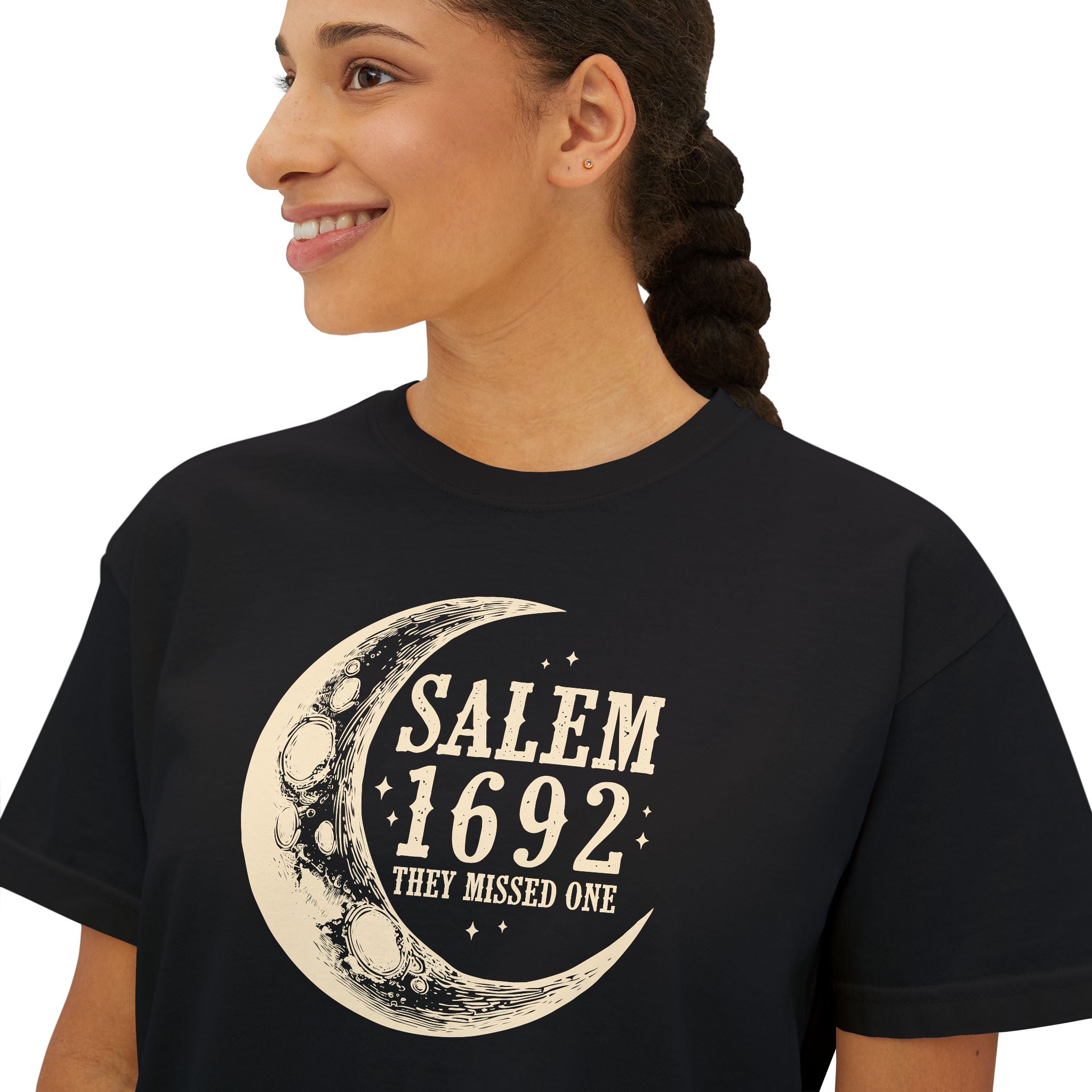 Salem 1692 Crescent Moon Women's Boxy Tee — Witchy Moon Phases Graphic