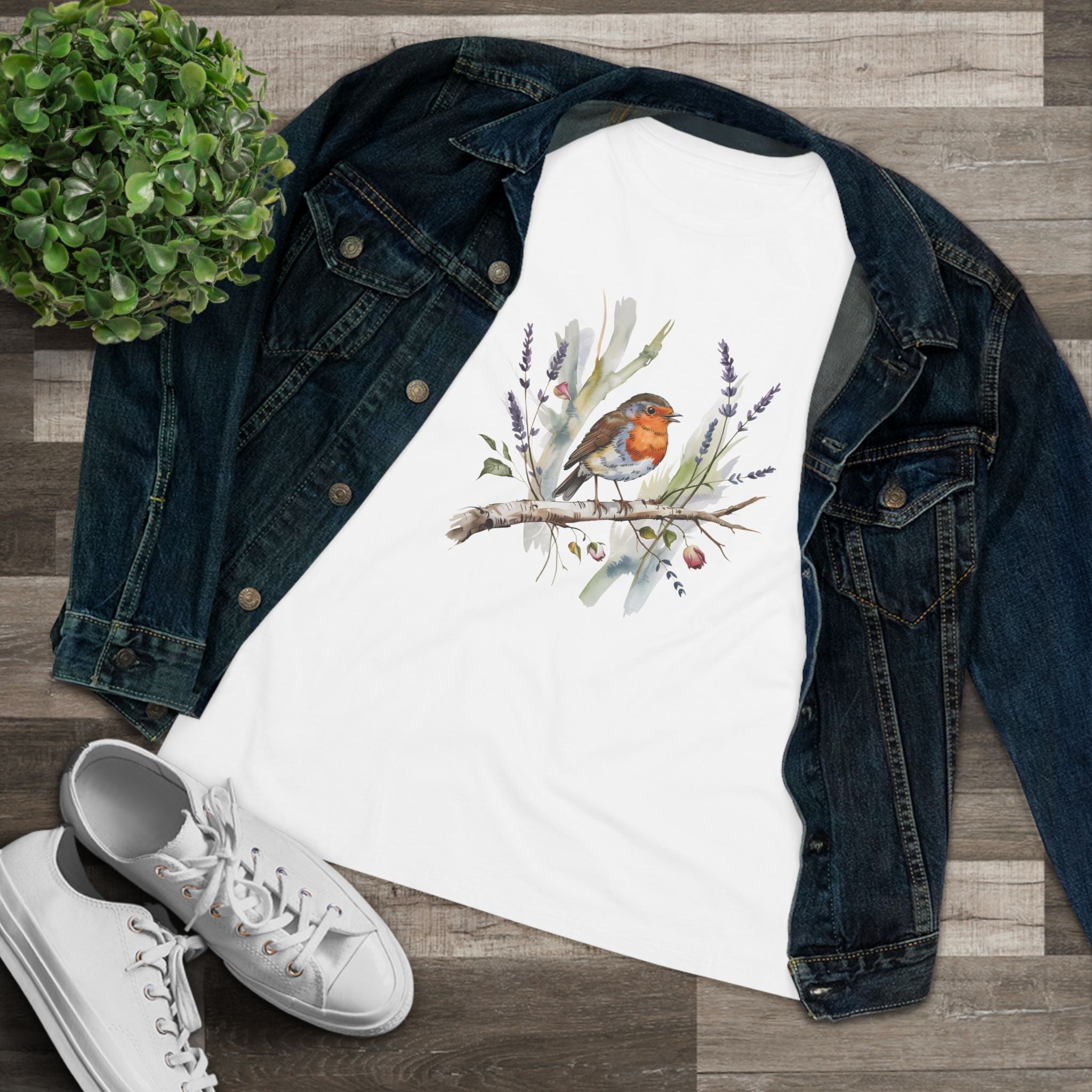 Women's Tee — Watercolor Robin Bird Floral Graphic