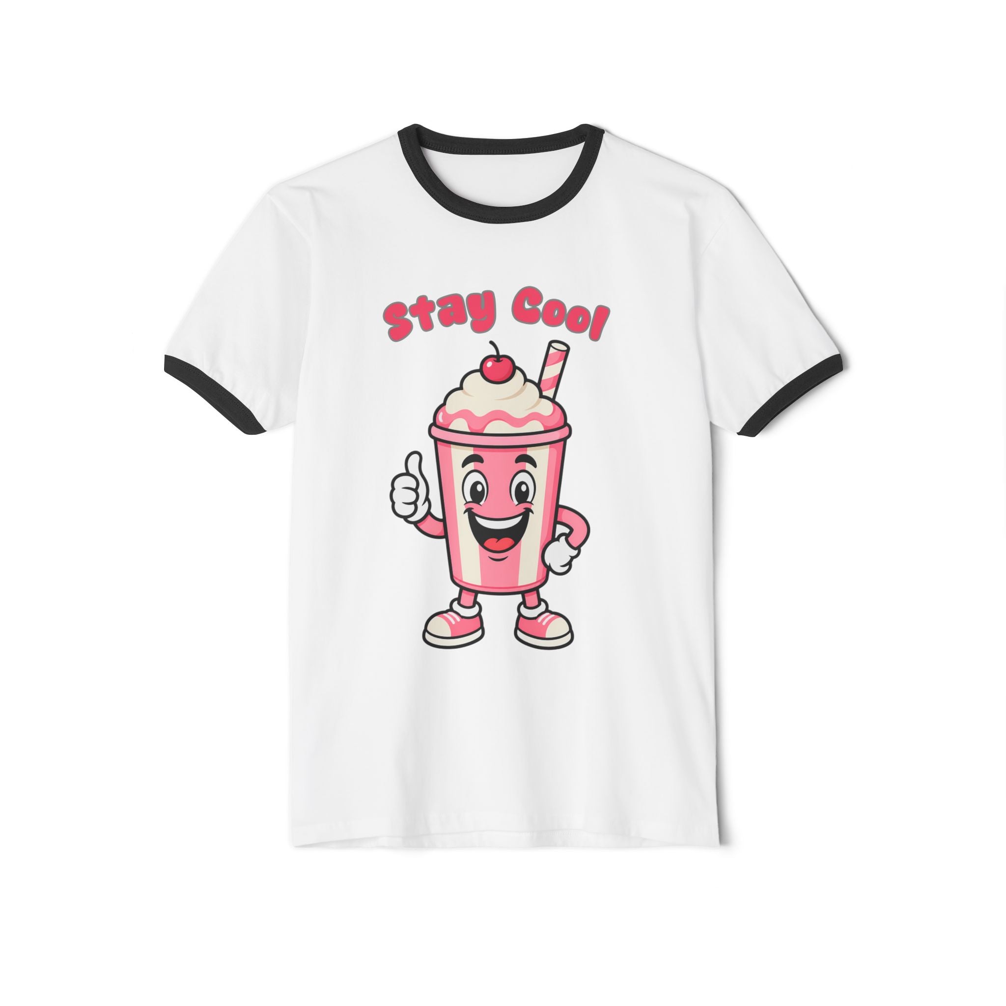 White t-shirt with a cartoon milkshake character and 'Stay Cool!' text on a white background