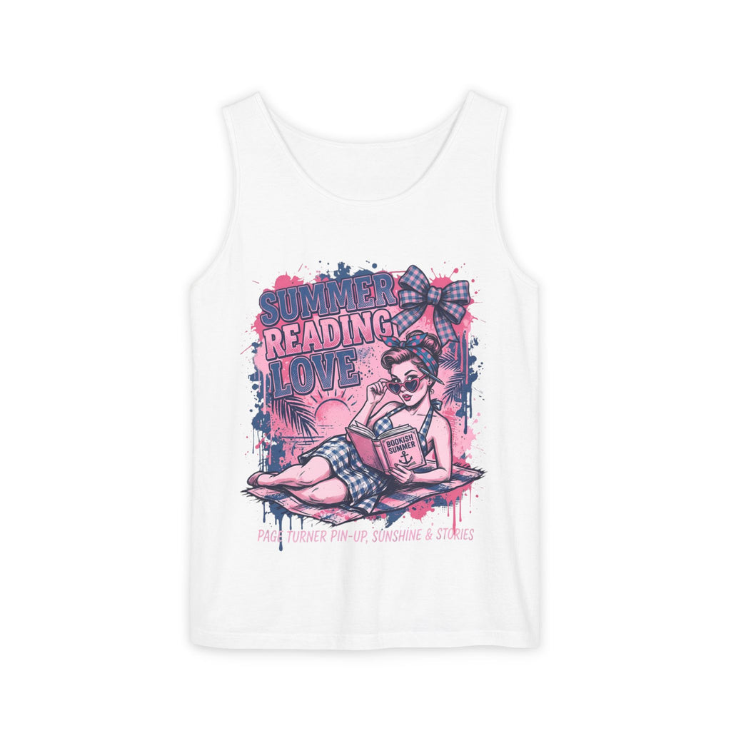 White tank top with a graphic design of a woman reading a book titled 'Summer Reading Love' on a white background.