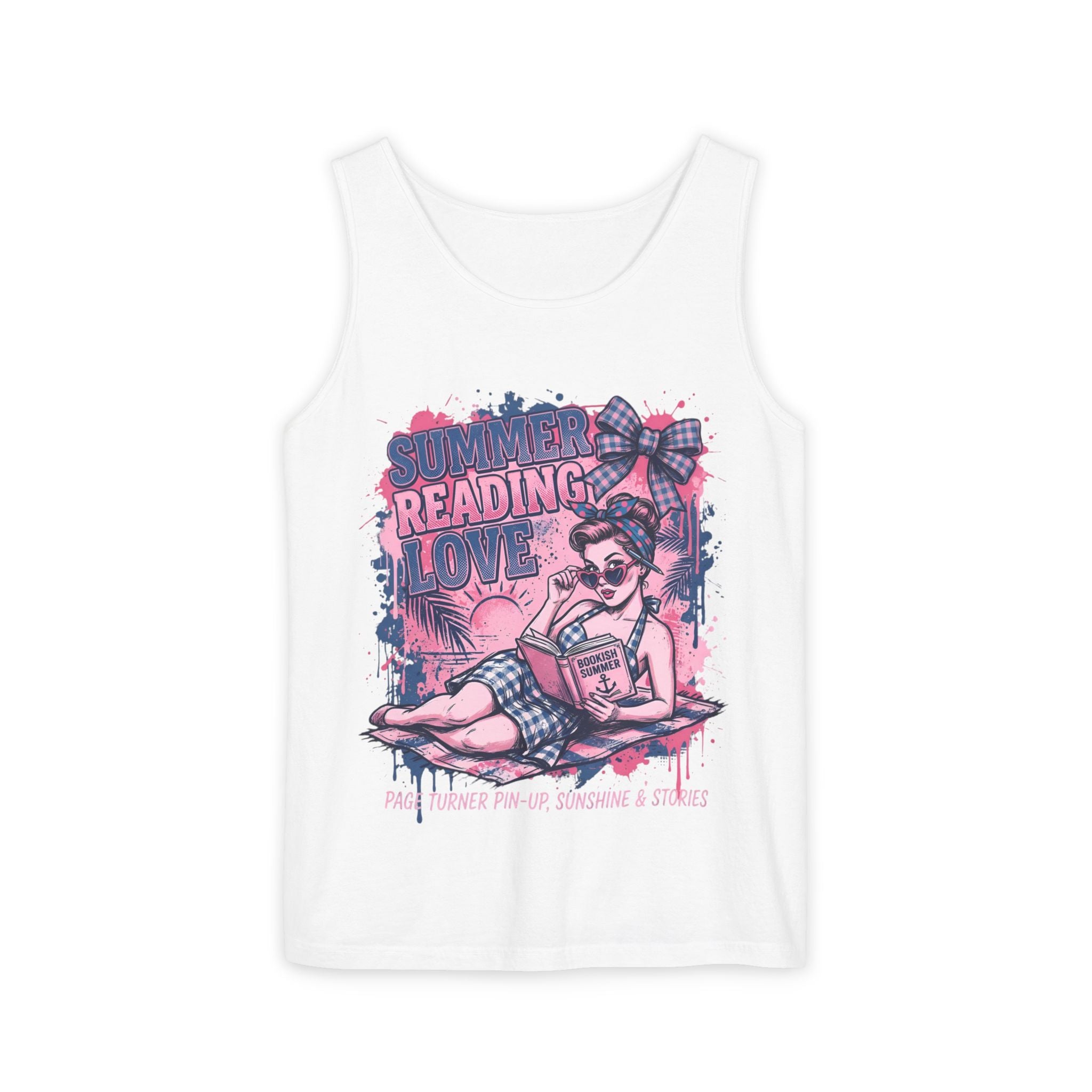 White tank top with a graphic design of a woman reading a book titled 'Summer Reading Love' on a white background.