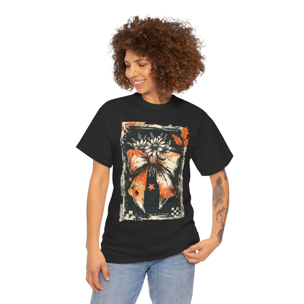 Halloween Bow Tee — Distressed Orange & Black Floral Ribbon Graphic