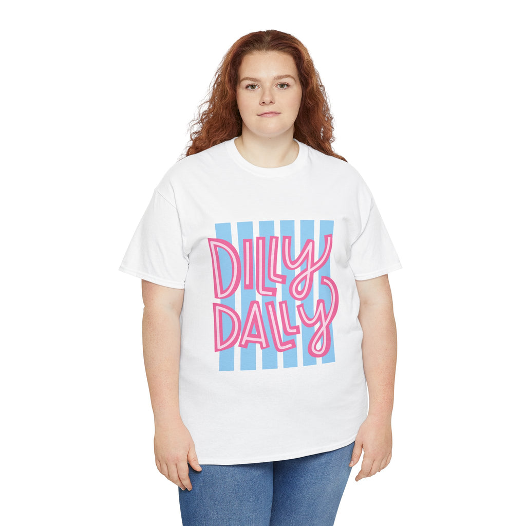 Dilly Dally script design T-Shirt | retro pink lettering, blue stripes