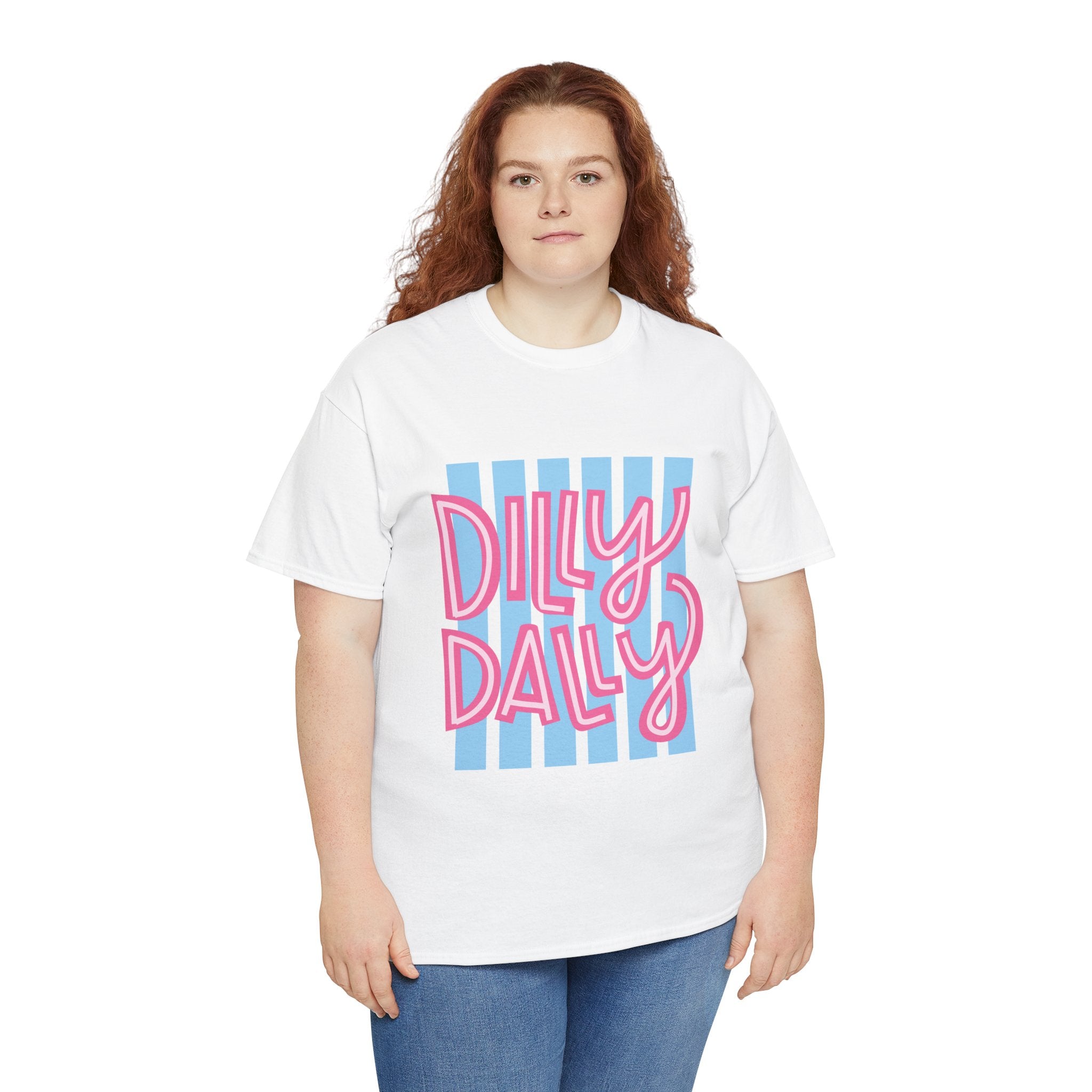 Dilly Dally script design T-Shirt | retro pink lettering, blue stripes