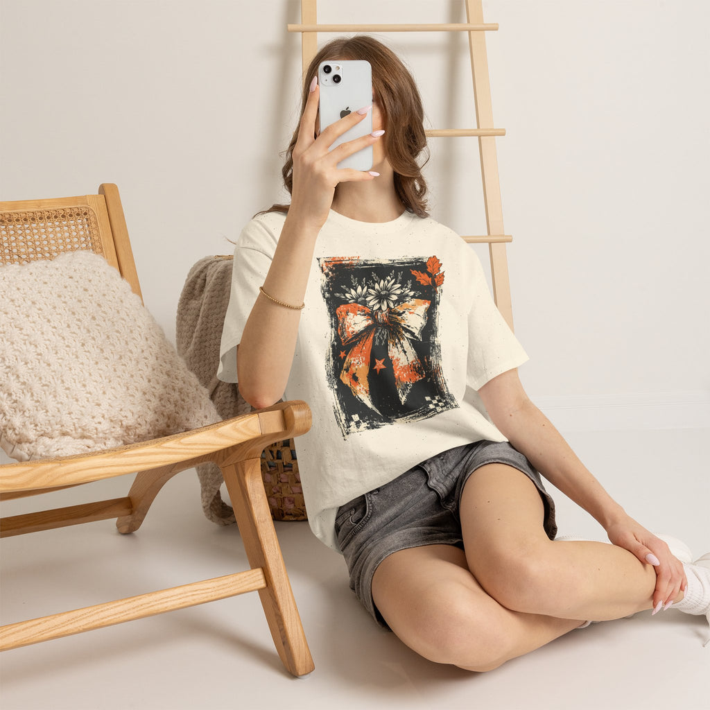 Halloween Bow Tee — Distressed Orange & Black Floral Ribbon Graphic