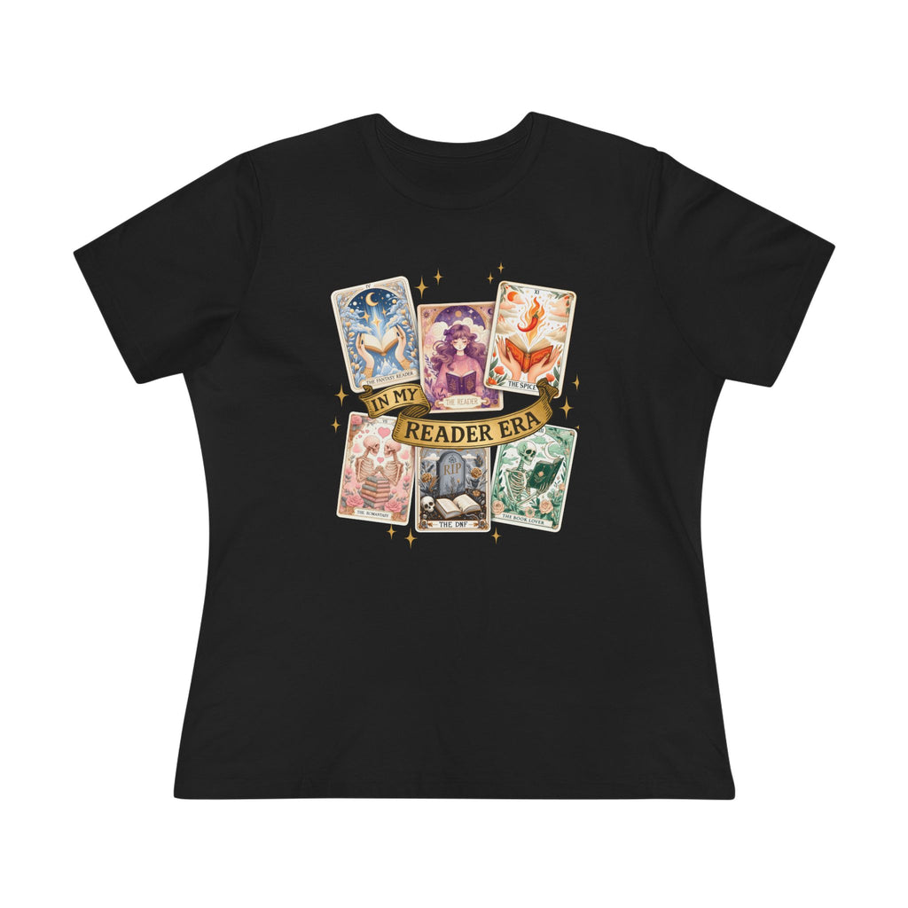 Black t-shirt with tarot card design and 'Reader Era' text on a white background