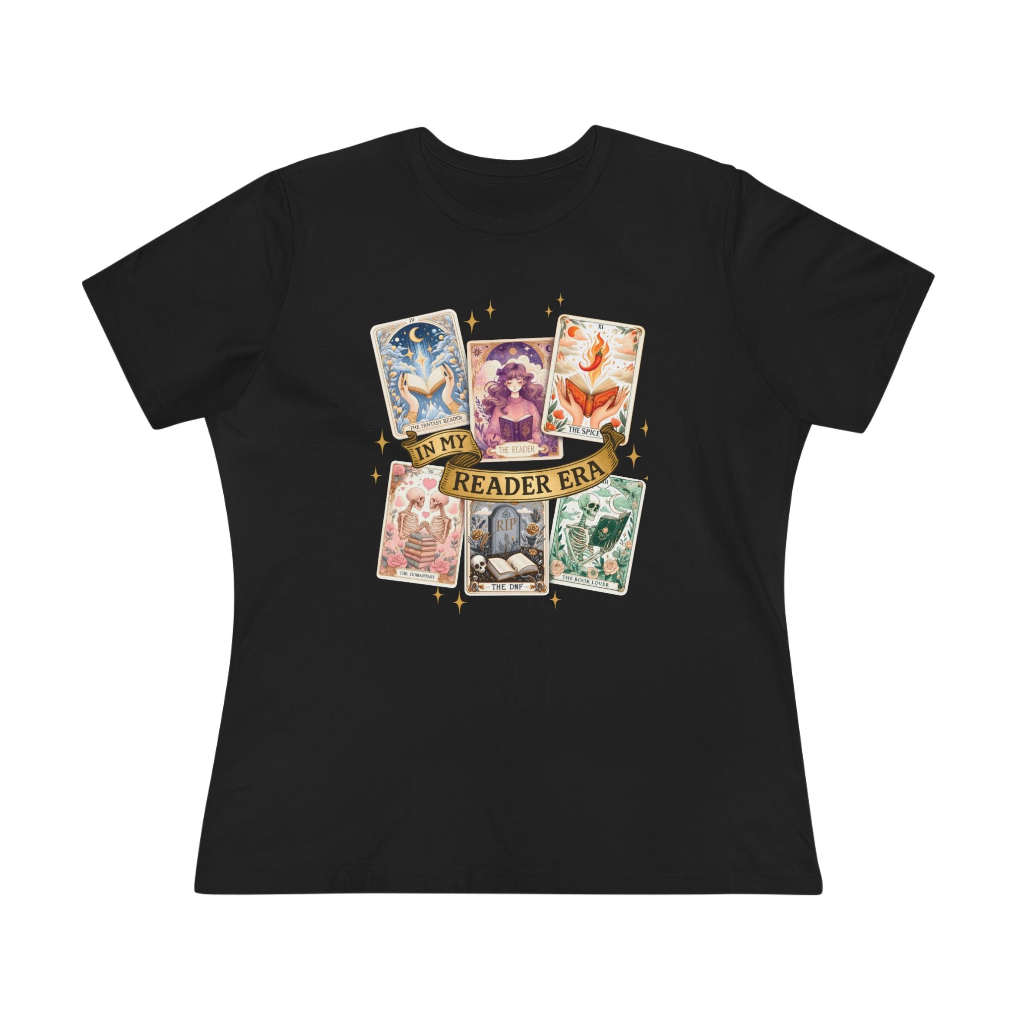 Black t-shirt with tarot card design and 'Reader Era' text on a white background