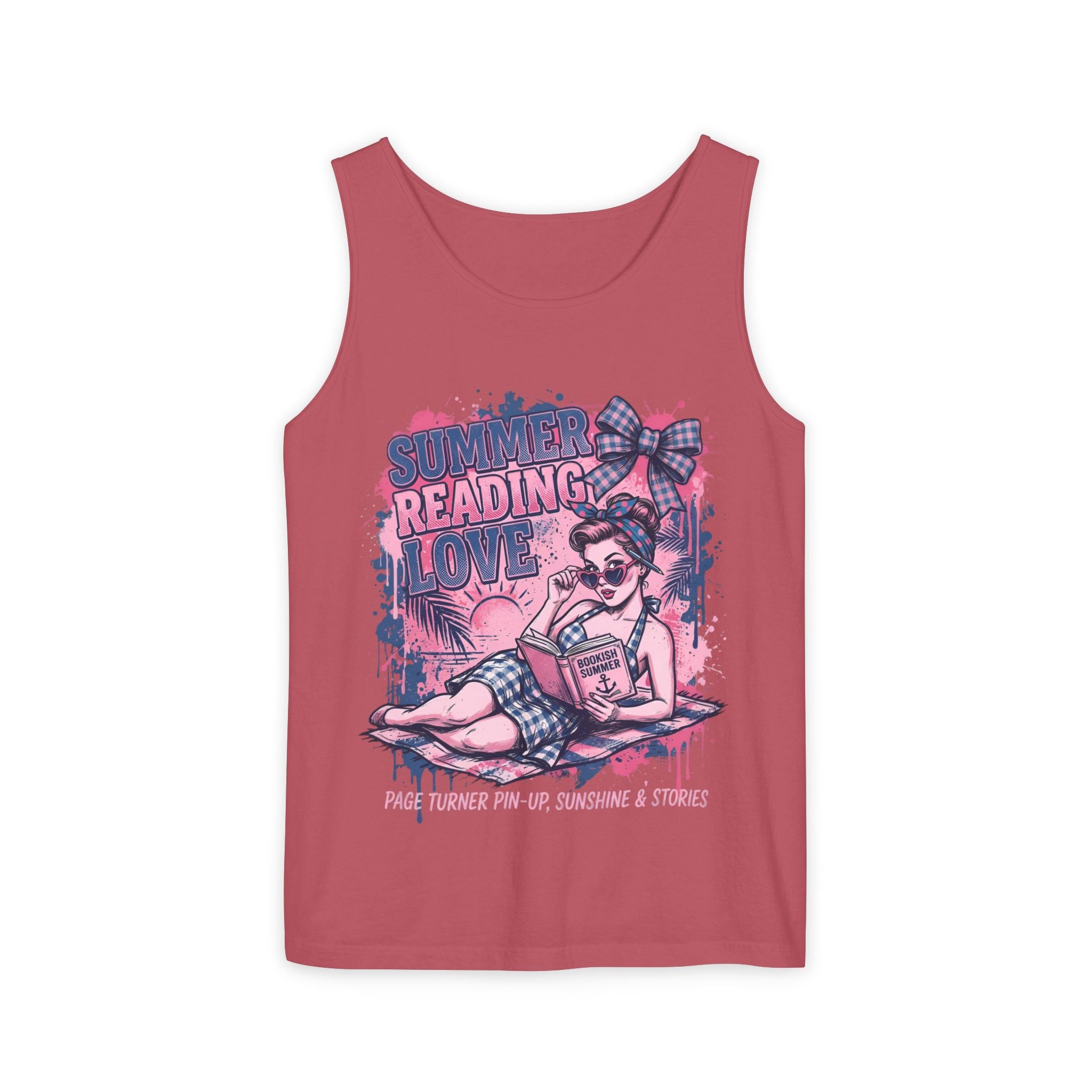 Pink tank top with a graphic design of a woman reading a book and text 'Summer Reading Love'.