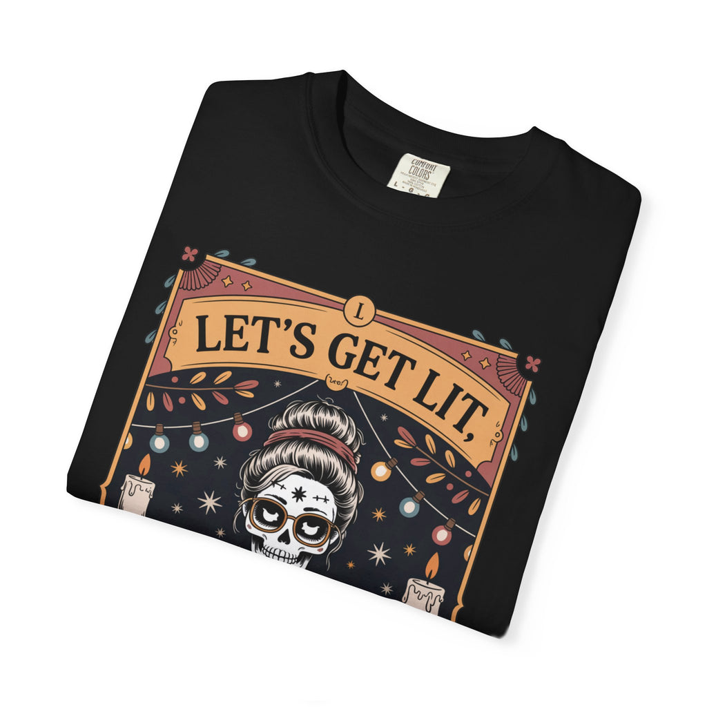 Black t-shirt with 'Let's Get Lit' graphic design on a white background