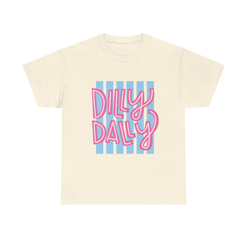 Dilly Dally script design T-Shirt | retro pink lettering, blue stripes