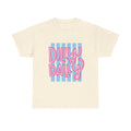Dilly Dally script design T-Shirt | retro pink lettering, blue stripes