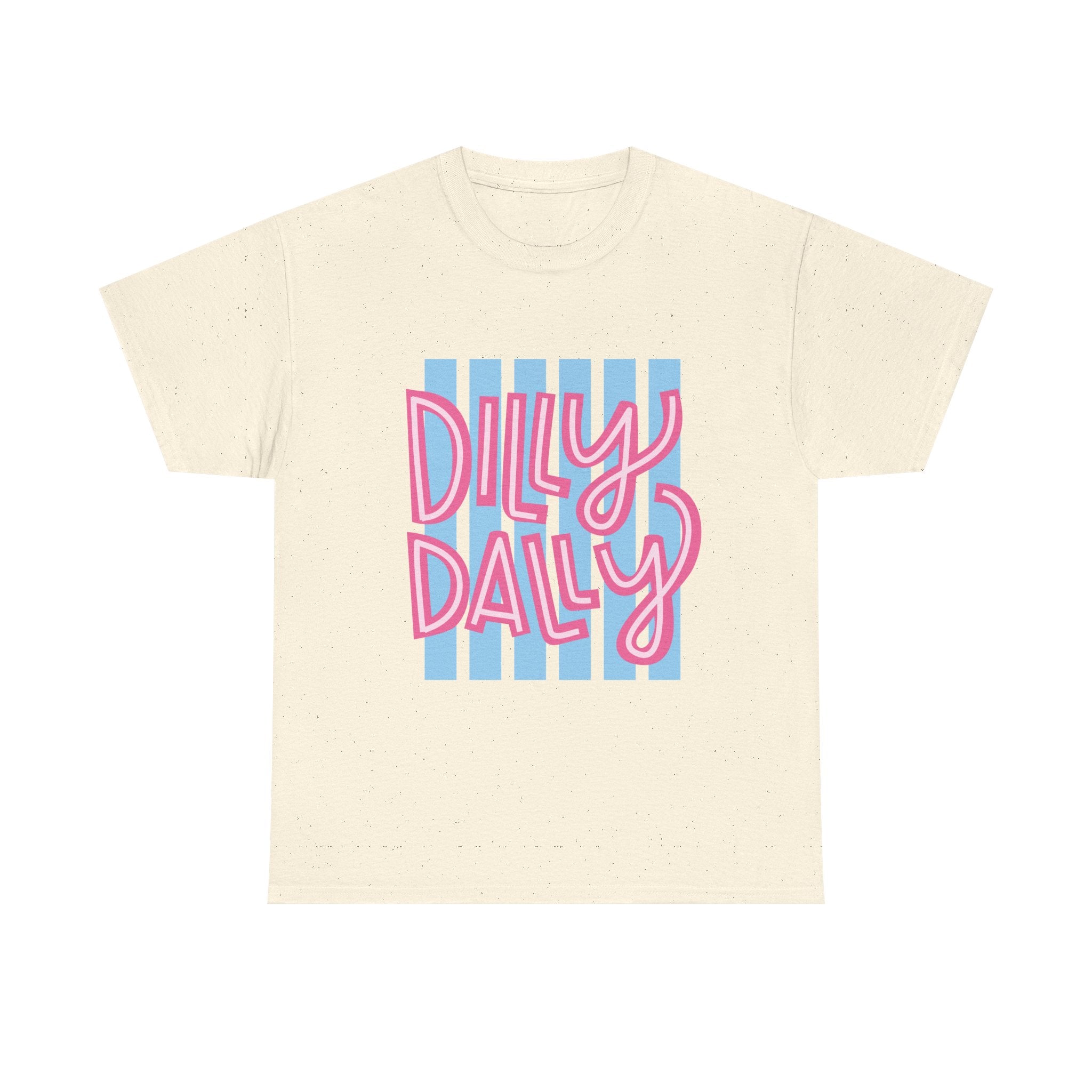 Dilly Dally script design T-Shirt | retro pink lettering, blue stripes