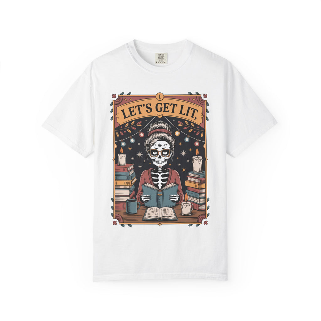 White t-shirt with a skeleton reading a book graphic and 'Let's Get Lit' text on a white background