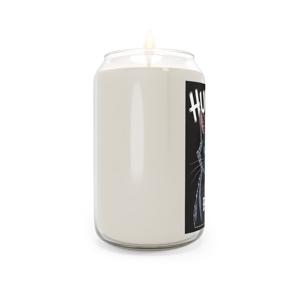 White candle with a black label on a white background