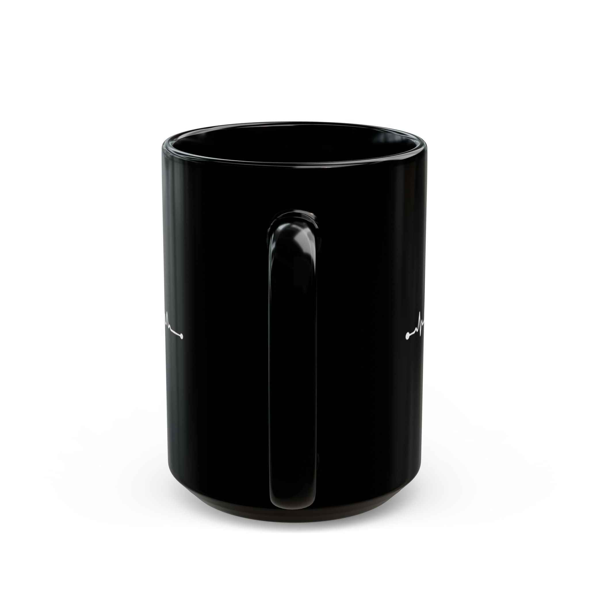 Black mug with colorful text on a white background