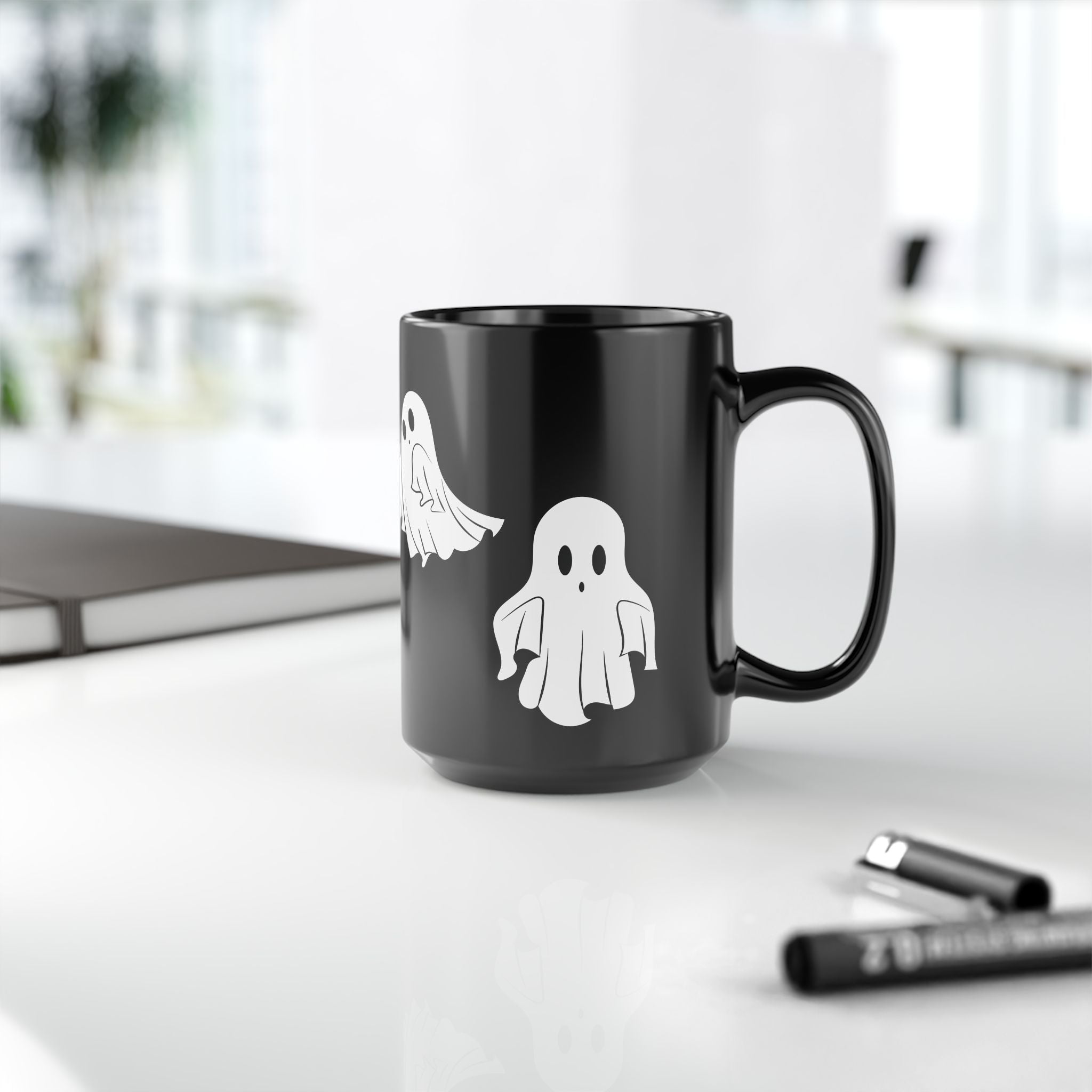 Ghost Pattern Black Mug – Cute Halloween Coffee Cup (11oz & 15oz)