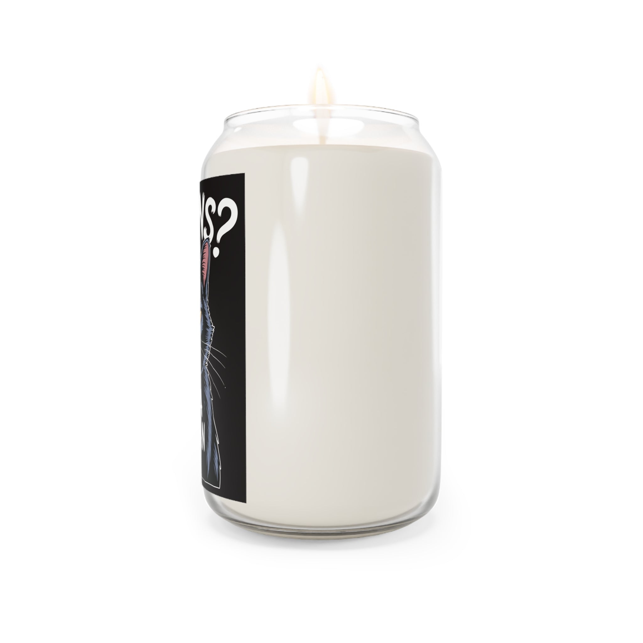 White candle in a glass jar with a black accent on a white background