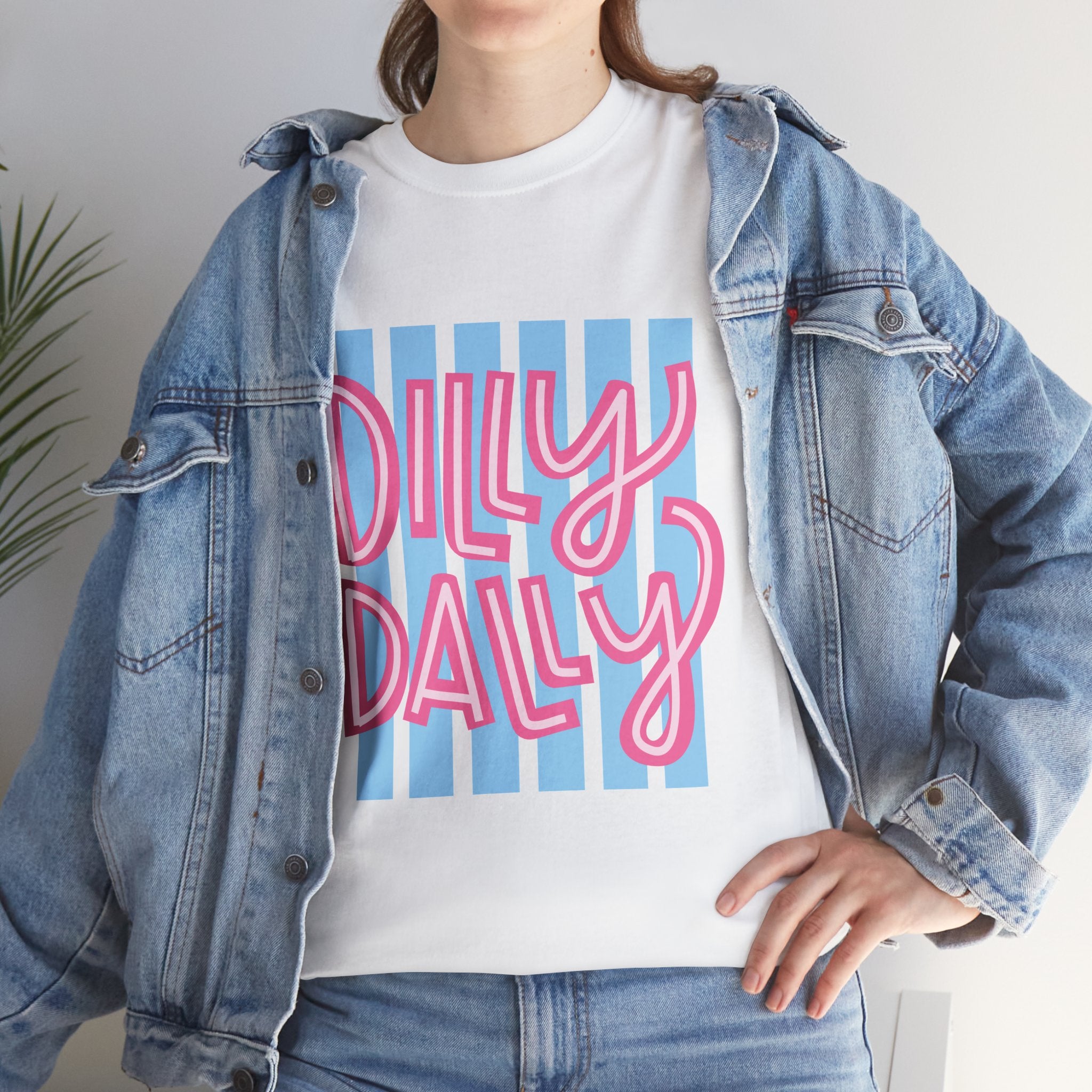 Dilly Dally script design T-Shirt | retro pink lettering, blue stripes
