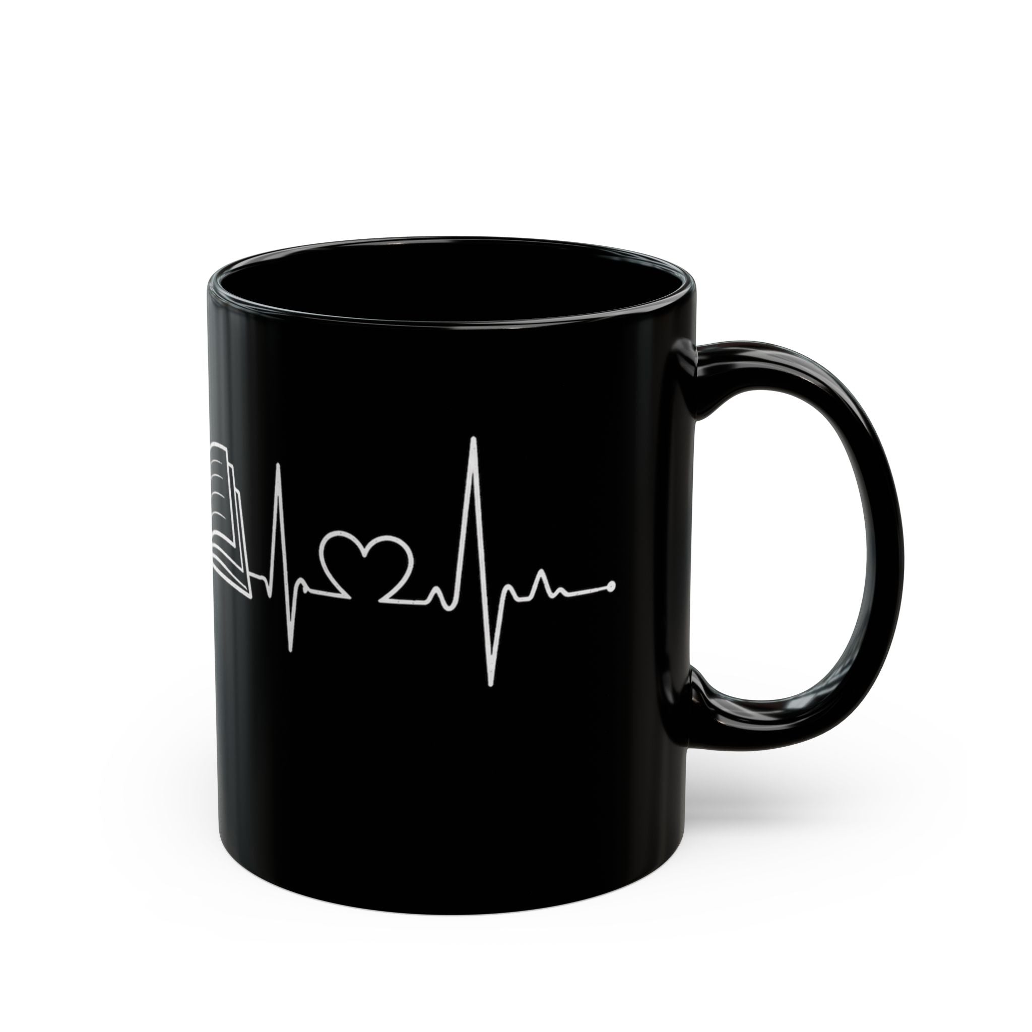 Black mug with white map design on a white background