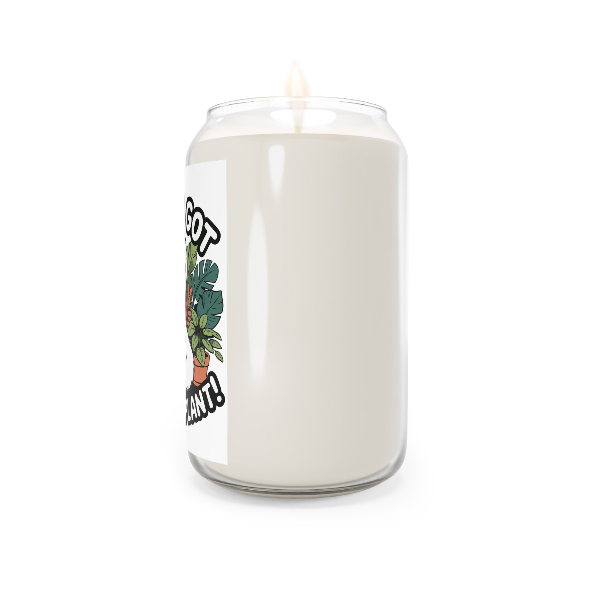 White candle in a glass jar with a plant design and text on a white background