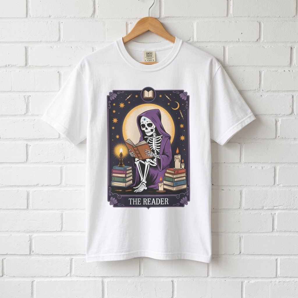 White t-shirt with a skeleton design on a hanger against a white brick wall.