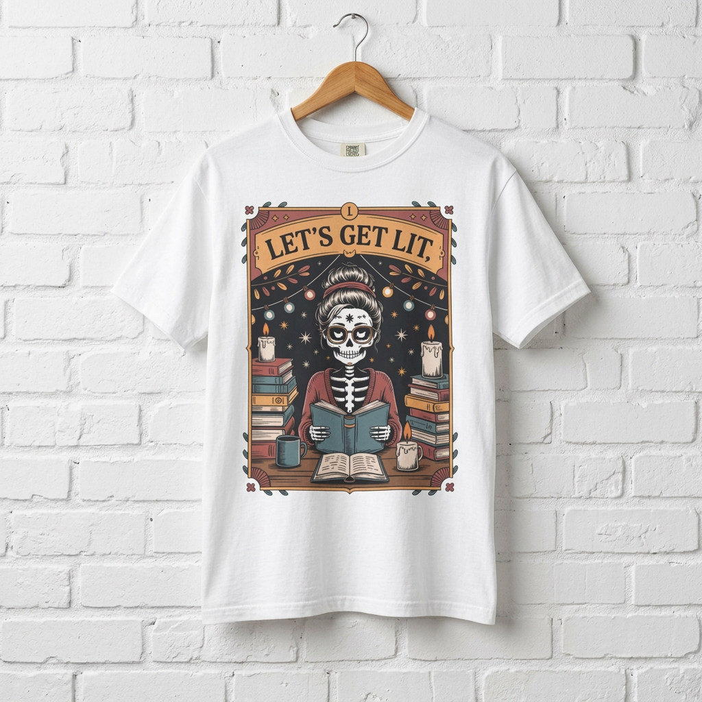 White t-shirt with a skeleton reading a book graphic and 'Let's Get Lit' text, hanging against a white brick wall.