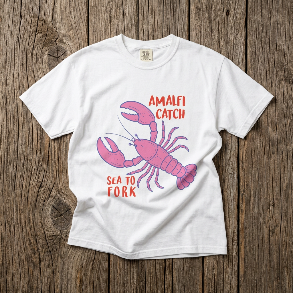 White t-shirt with pink lobster graphic and text on a wooden surface
