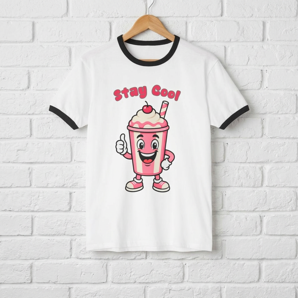 White t-shirt with cartoon character and 'Stay Cool!' text on a white brick wall background