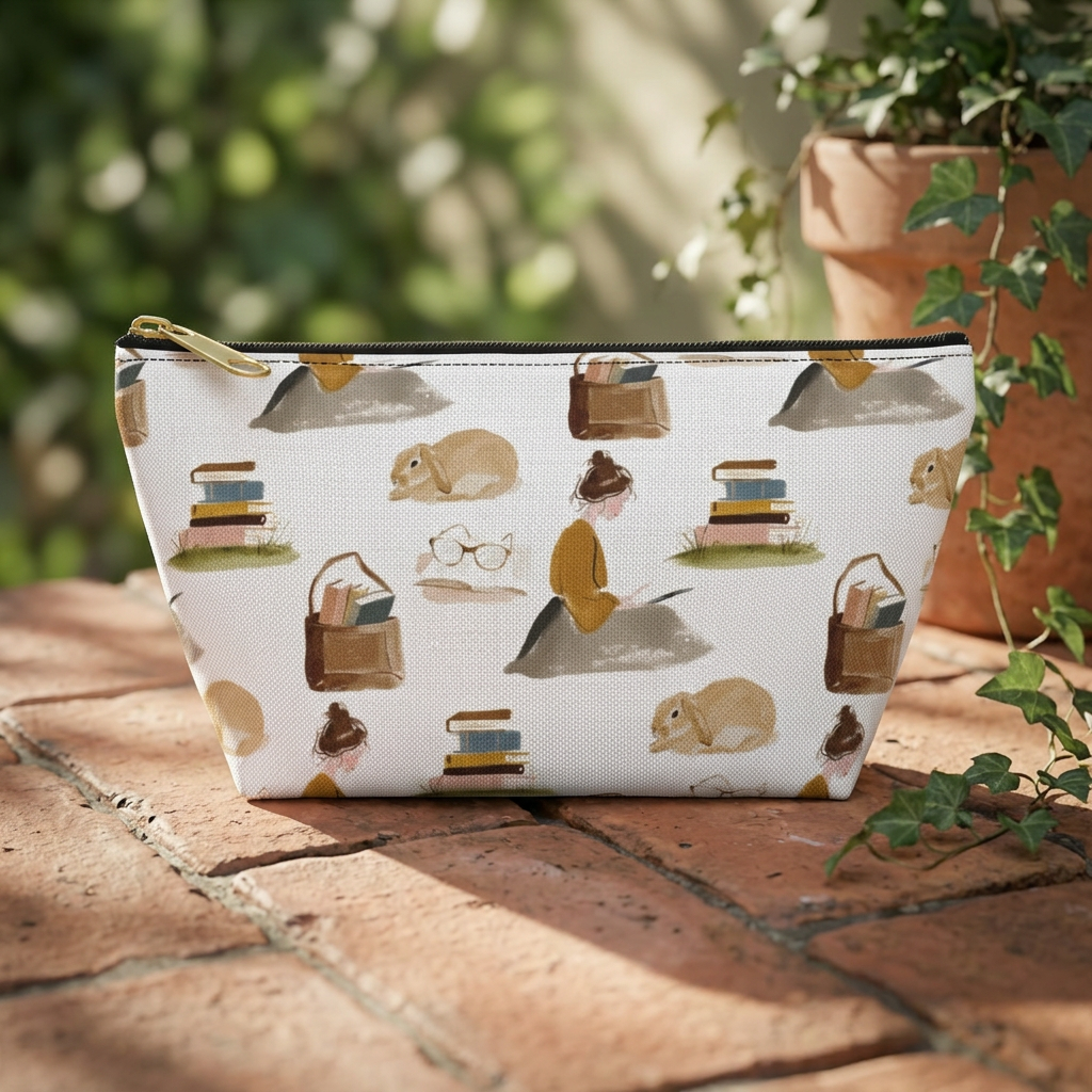 Cozy Reading Accessory Pouch — Cats, Books & Tea T-Bottom Makeup Bag