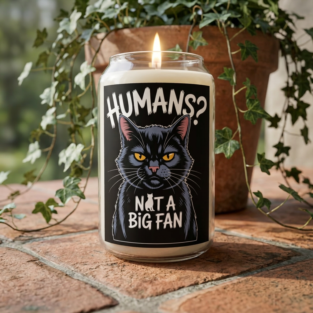Candle with a cat design and text 'Humans? Not a big fan' on a brick surface with plants.