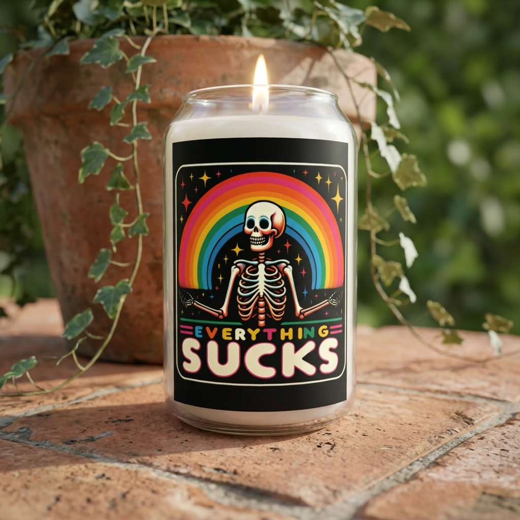 Candle — "Everything Sucks" Rainbow Skeleton Scented Soy Candle (13.75 oz)