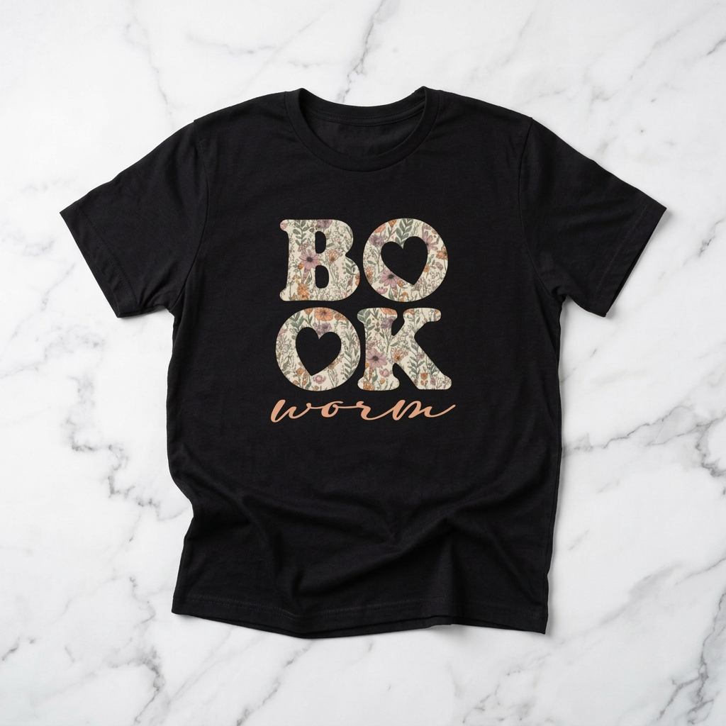 Black t-shirt with floral 'BOOK WORM' text on a marble background