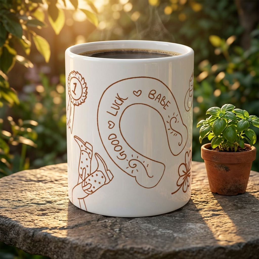 Horse Girl Doodles Ceramic Mug — Equestrian Lucky Charm Coffee Cup (11oz)