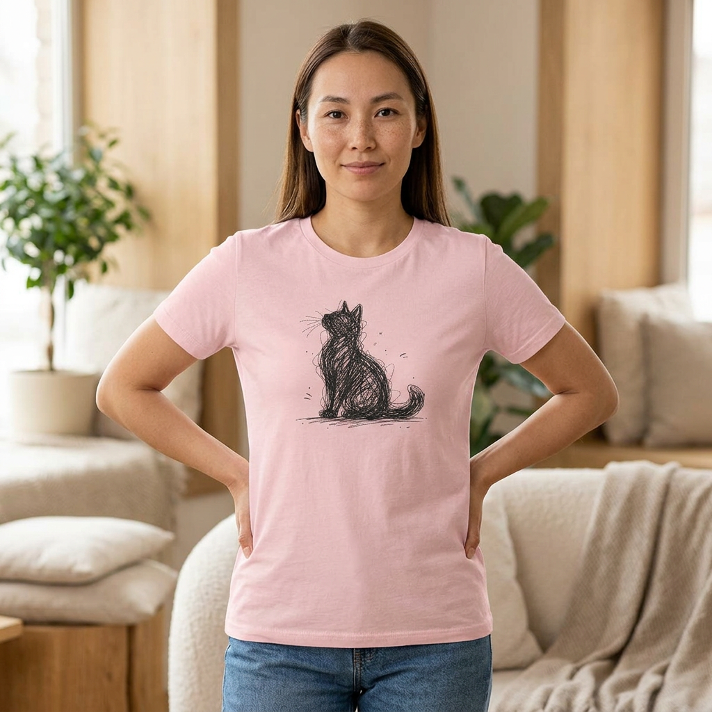 Women's Cat Sketch Tee — Cute Hand-Drawn Cat Graphic Shirt for Cat Lovers