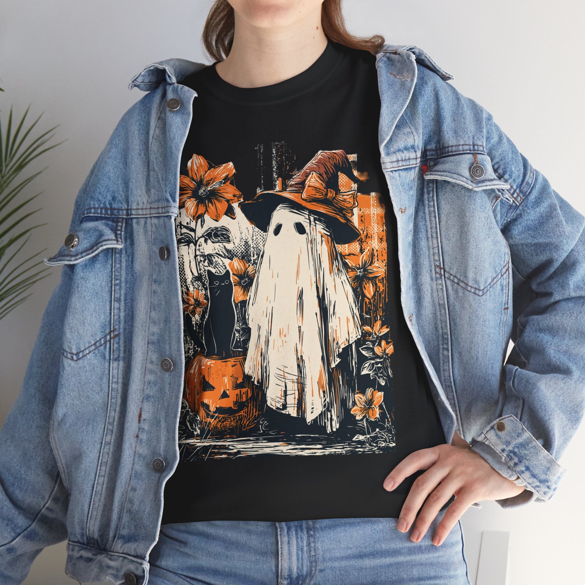 Halloween Ghost Tee — Cute Retro Ghost with Pumpkins & Witch Hat
