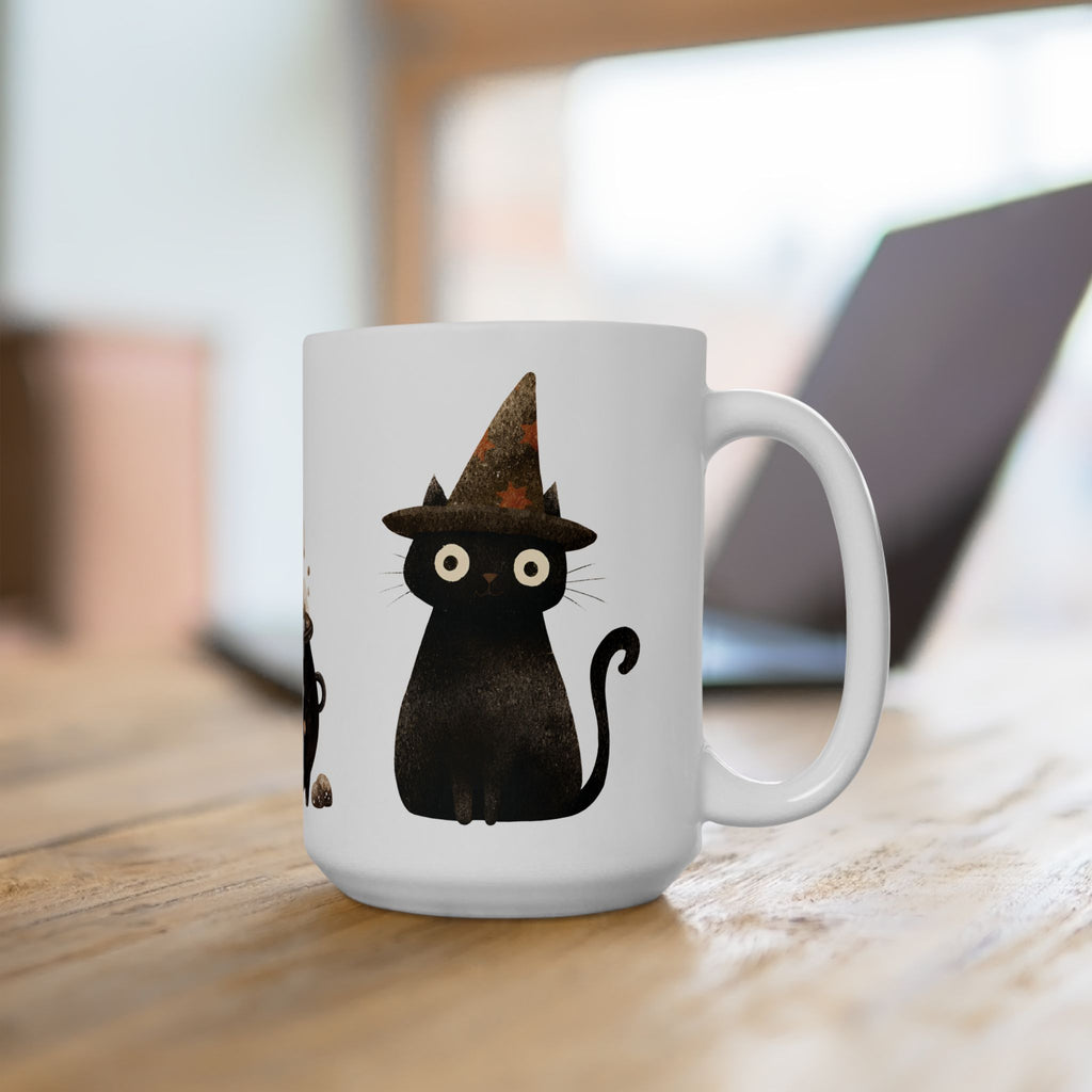 Witch Cat Ceramic Mug — Cute Black Cats & Bubbling Cauldron Coffee Cup (11oz/15oz)