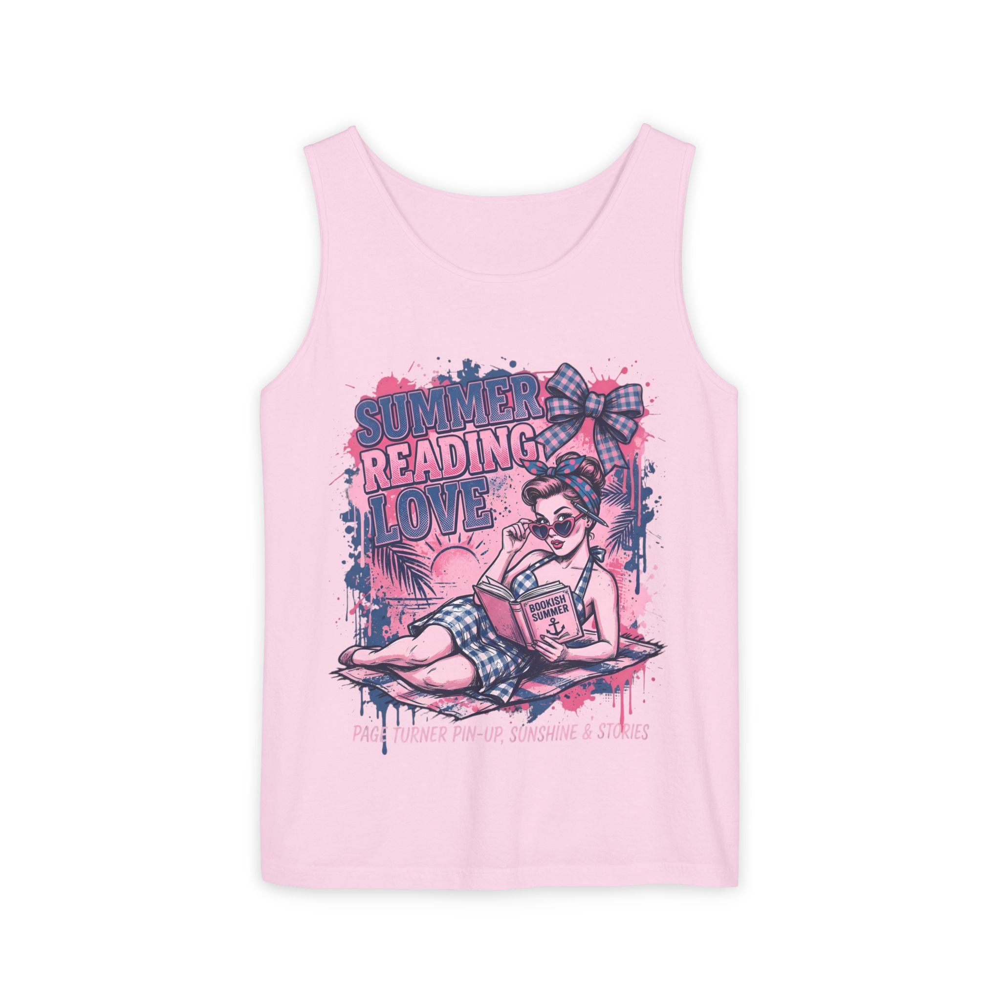 Pink tank top with graphic design of a woman reading a book and text 'Summer Reading Love' on a white background.