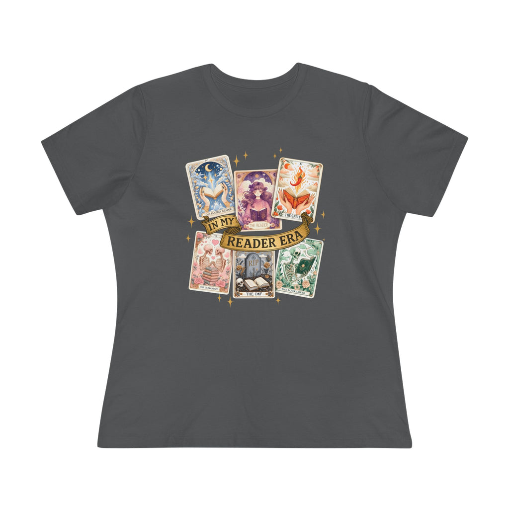 Dark gray t-shirt with tarot card designs and 'Reader Era' text on a white background