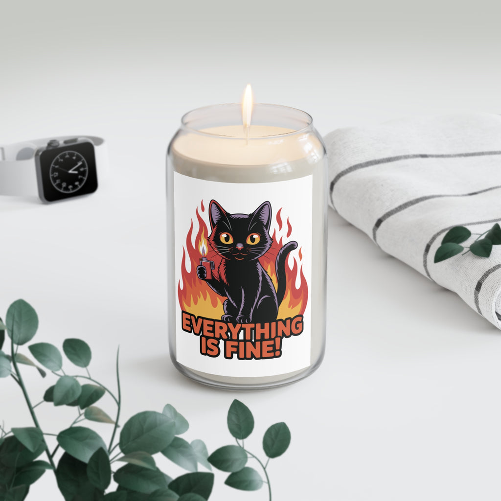 Candle with a black cat illustration and 'Everything is Fine!' text on a white background