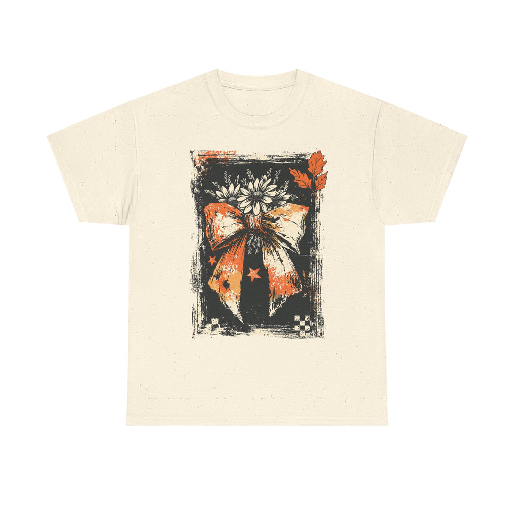 Halloween Bow Tee — Distressed Orange & Black Floral Ribbon Graphic