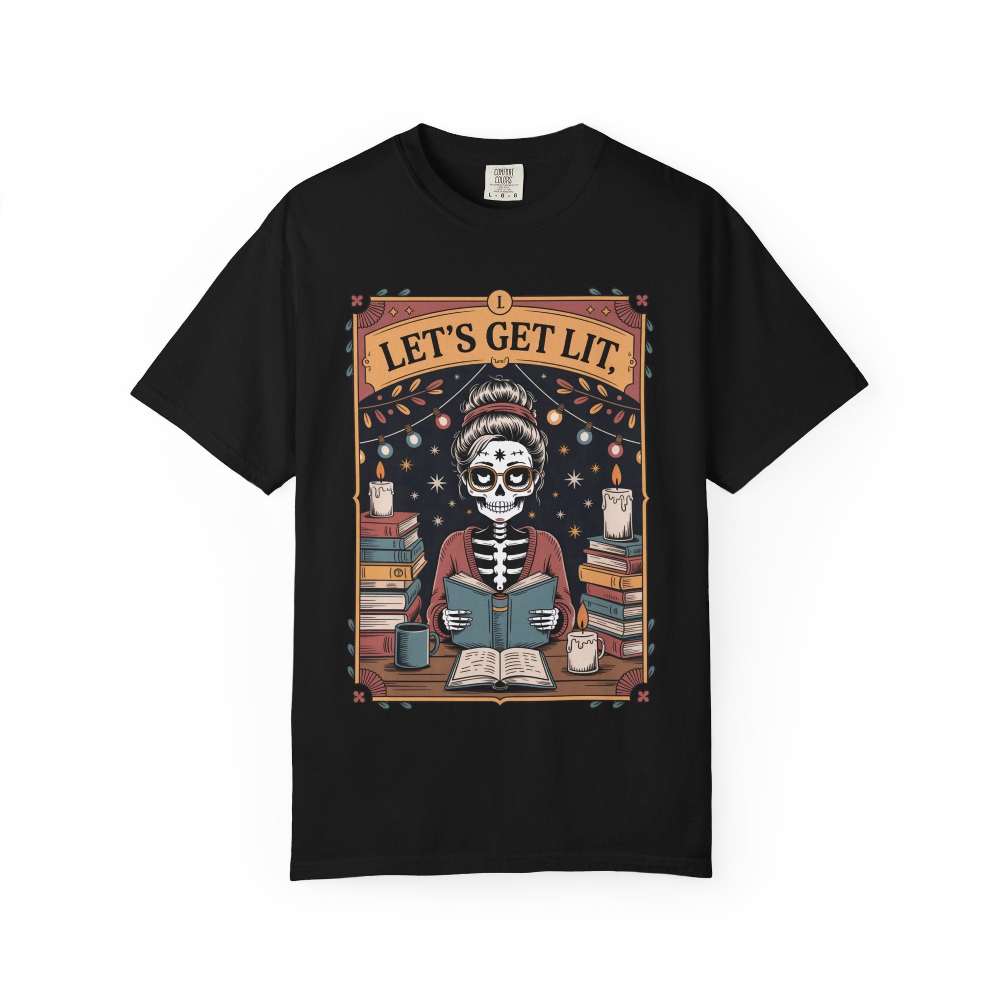 Black t-shirt with a skeleton reading a book graphic and 'Let's Get Lit' text on a white background