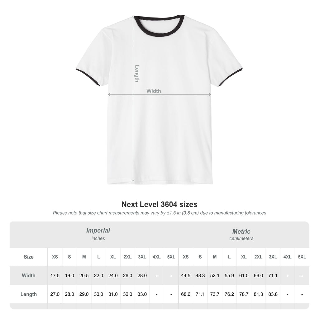 White t-shirt with measurement markings and size chart on a white background