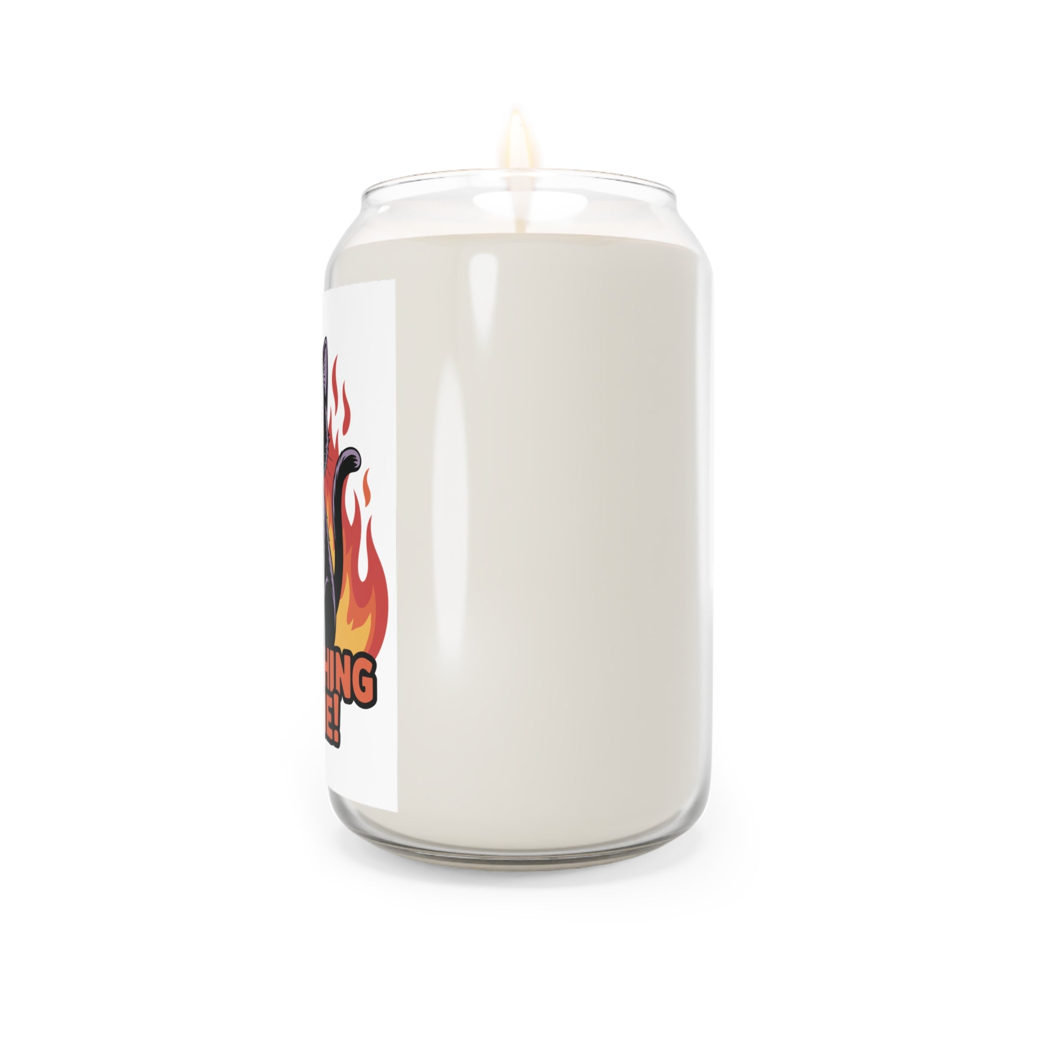 White candle with a colorful label on a white background