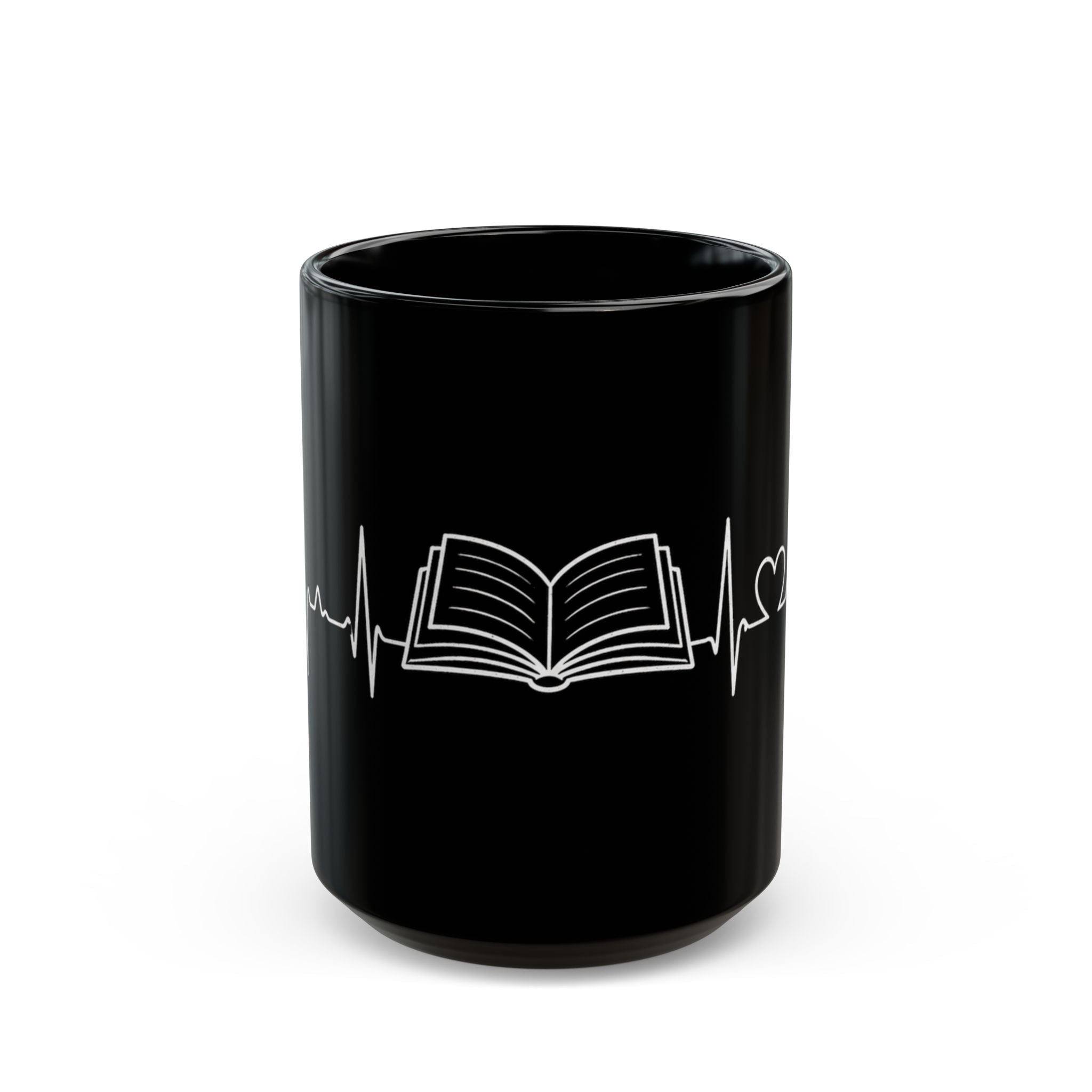 Black mug with a white book and heartbeat line design on a white background