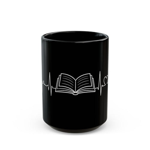 Black mug with a white book and heartbeat line design on a white background